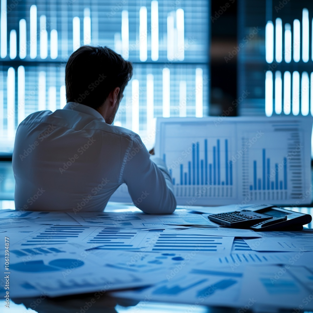 Poster businessman analyzing data charts and graphs at desk