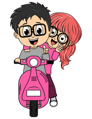 couple cartoon ride motorcycle
