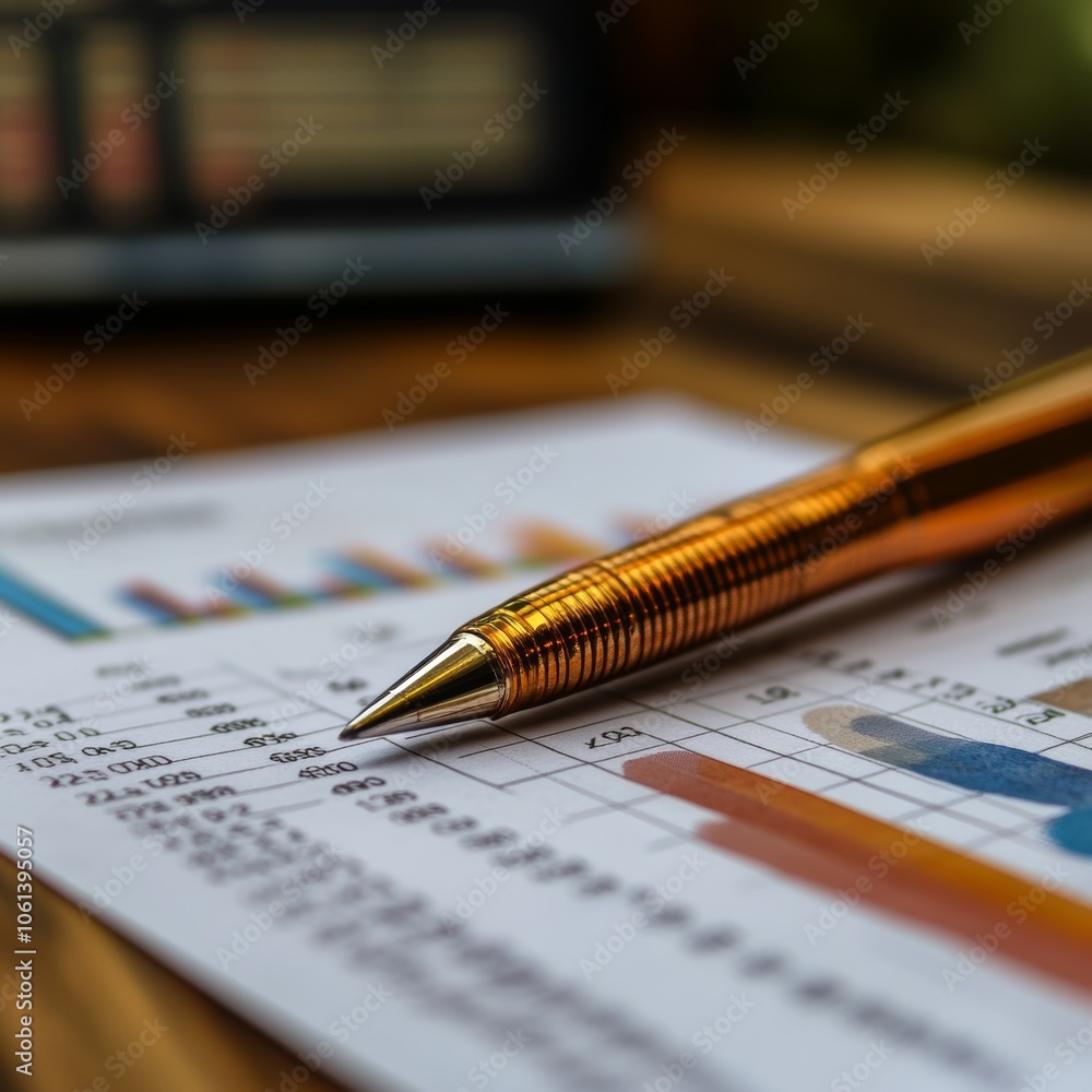 Poster closeup of pen on financial report with bar graph and numbers
