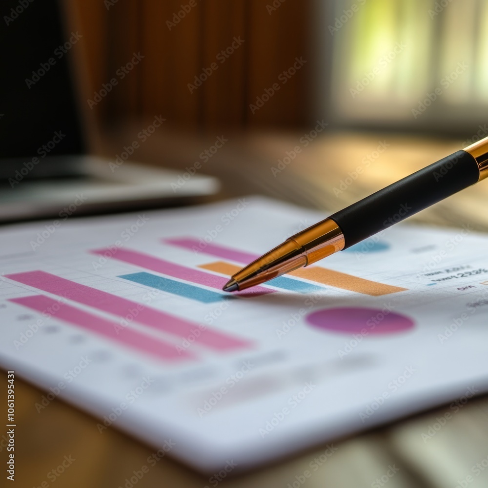 Poster pen pointing to bar graph on business report