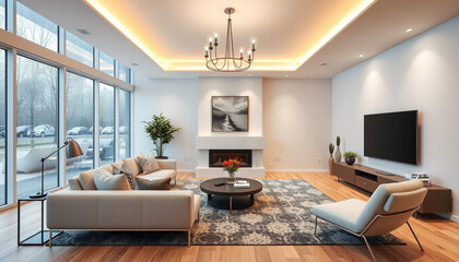 Modern living room interior with comfortable sofa, contemporary design, and large windows