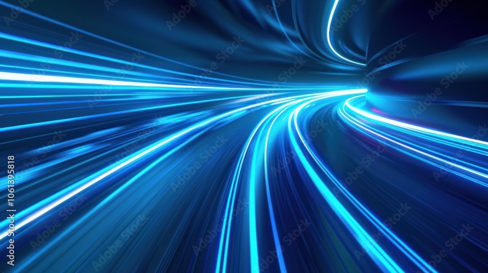 Poster dynamic blue light trails conveying speed and motion in a futuristic setting.