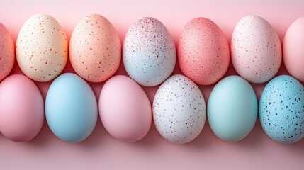 Obraz premium Several different colored eggs lined up in a row on a pink surface