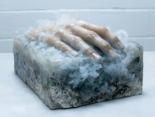 Frozen hand emerging from ice block