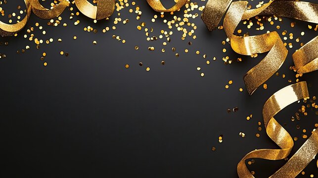 Festive Gold Ribbons and Confetti on Dark Background