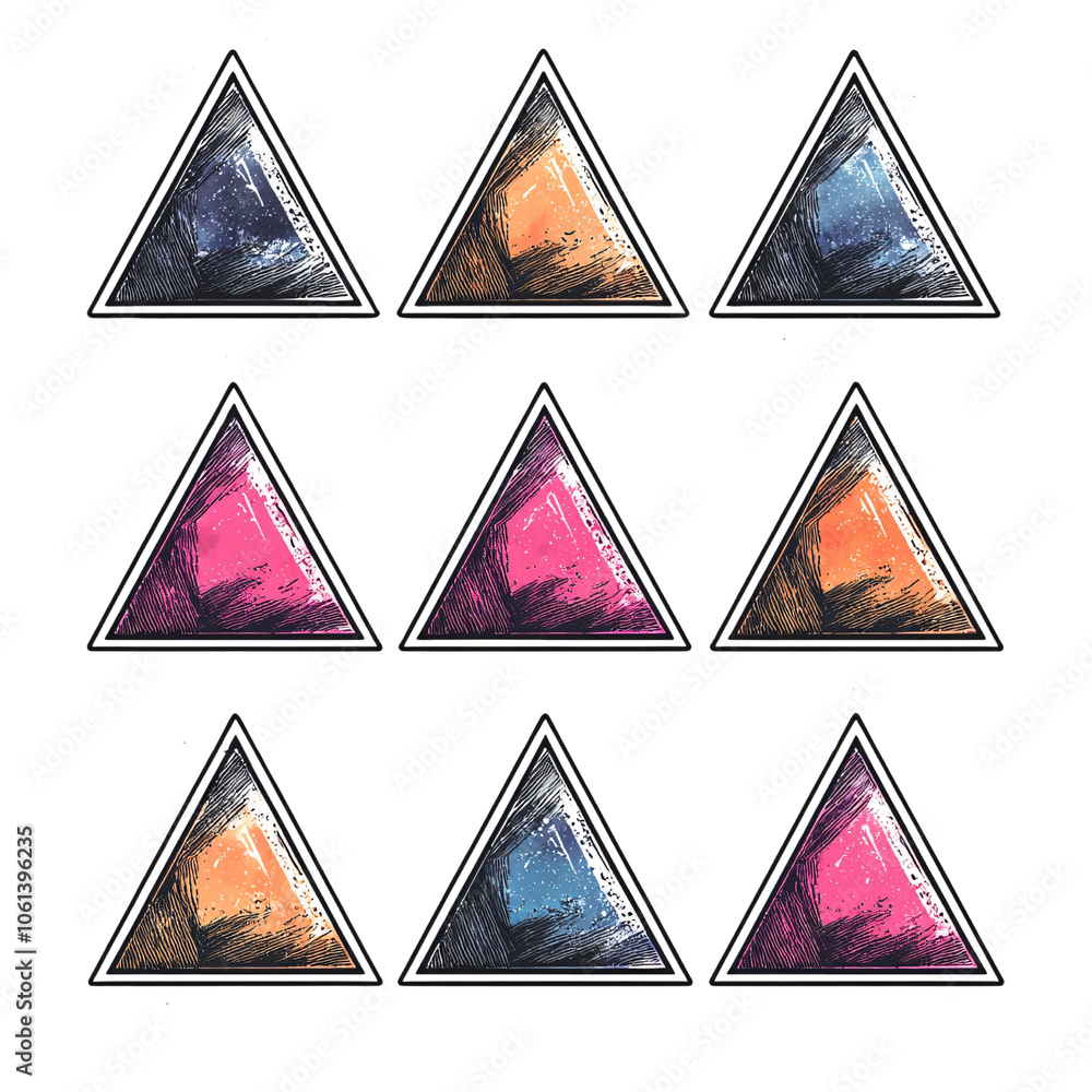 Poster abstract triangles with colorful patterns and grunge textures (transparent background)