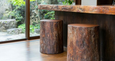 Naklejka premium Rustic wooden stools in a modern interior with nature view