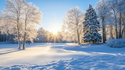 Obraz premium Winter Landscape with Sunrise and Frosted Trees