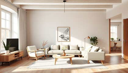 Fototapeta premium Modern living room interior with fireplace, featuring a comfortable sofa, elegant furniture, and stylish decor