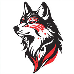 Obraz premium Traditional Inuit Haida folk art of a stylized face of a wolf in textured black, white and red for logo or tattoo. Pacific Northwest Haida art.