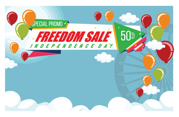 Sales promotion on India's Independence Day. Colorful balloons on a blue sky background. Independence Day sale concept.  Flat vector illustration.