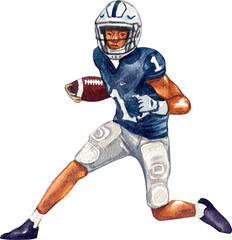 Rugby player in a blue uniform holding a rugby ball while running, hand-drawn watercolor painting illustration