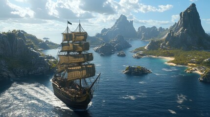 Majestic Pirate Ship Sailing Through Tranquil Coastal Waters