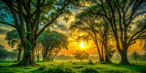 Obraz premium Enchanting Silhouette Photography in Deep Forest Green, Nature's Serenity, Ethereal Landscapes, Tranquil Wilderness, Artistic Nature Shots, Mystical Forest Scenes, Greenery Bliss, Outdoor Serenity
