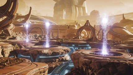 Fountain in the Church of the Holy Sepulchre at night with glowing lights and water flowing