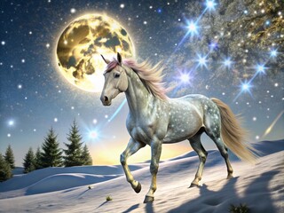Fototapeta premium Enchanting Winter Unicorn with Starry Coat Under Full Moon in Snowy Landscape – Magical Fantasy Scene, Aerial Photography, Serene Night, Mystical Creatures