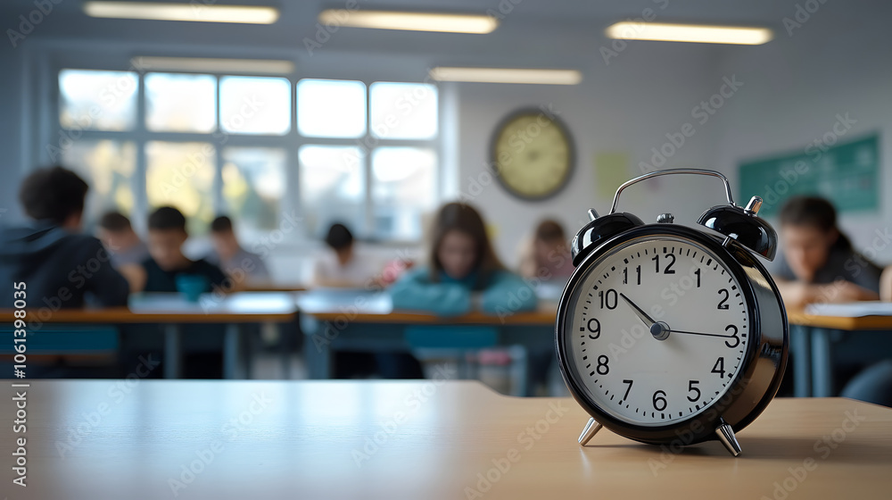 Poster classic alarm clock on desk in classroom with students studying in background.