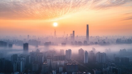 Fototapeta premium Serene Sunrise Over a Misty Cityscape