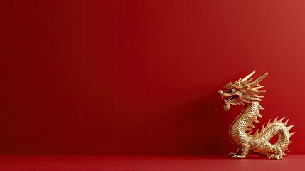 Obraz premium Golden Dragon on Red Background with Space for Text