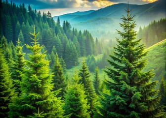 Lush Pine Trees in Carpathian Mountains - Majestic Green Forest Nature Scene Featuring Christmas Spruce Tops for Stunning Winter Landscapes and Holiday Decor