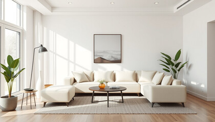 Modern living room interior with comfortable sofa, stylish furniture, and elegant decor