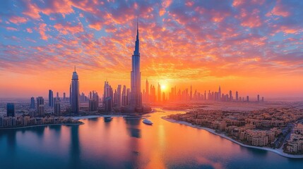 Obraz premium Aerial View of Burj Al Arab at Dusk: Marvel at the Beauty of Dubai's Iconic Landmark on Jumeirah Island, Surrounded by the Twinkling Lights of the City and Reflections on the Water