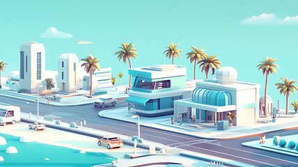 Low poly beach town with shops, cars and palm trees.
