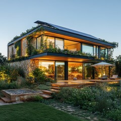Modern Luxury Home with Stone Facade  Green Roof  and Outdoor Living Space