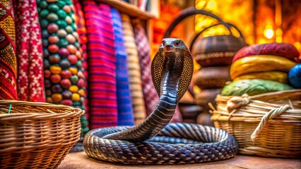 Obraz premium Exotic Black Cobra in Wicker Basket at Vibrant Oriental Bazaar - Fashion Photography, Serpent, Market, Culture, Textures, Colors, Wildlife, Nature, Artistry, Traditional, Craftsmanship, 