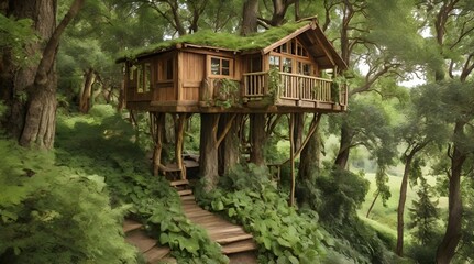 A rustic wooden treehouse nestled in a large tree complete with a balcony and stairs.generative.ai
