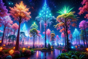 Explore the Cyber Forest: A Panoramic View of Futuristic Nature, Neon Lights, Digital Trees, and Ethereal Atmosphere for Immersive Landscapes in Sci-Fi and Fantasy Themes