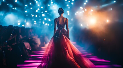 Obraz premium A model walks the runway in a stunning gown, illuminated by vibrant lights, showcasing elegance and high fashion in a dynamic atmosphere.