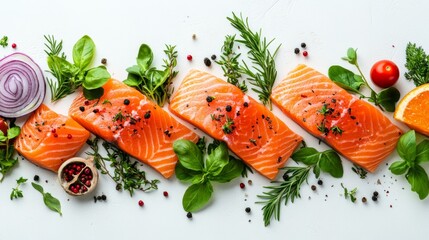Raw Salmon Fillet with Herbs  Spices and Vegetables on White Background