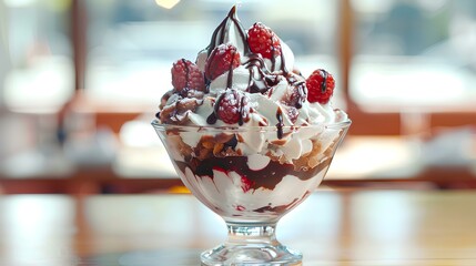 A delicious sundae topped with whipped cream, chocolate drizzle, and fresh raspberries in a clear glass bowl, perfect for dessert lovers.