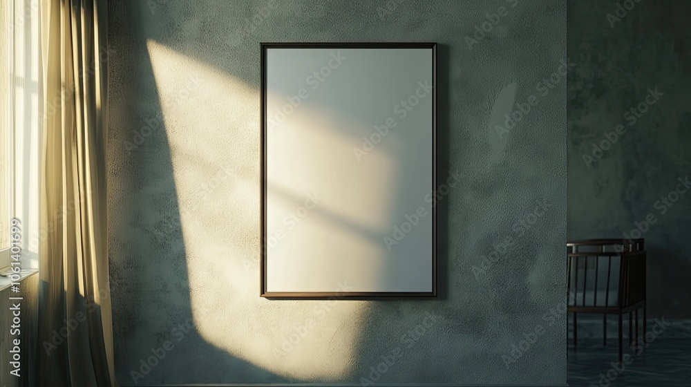 Poster a blank canvas hanging on a textured wall in a room with sunlight streaming through a window