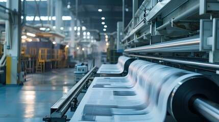 Fototapeta premium A printing press in a large industrial facility, showcasing the printing process with large rolls of paper in motion.