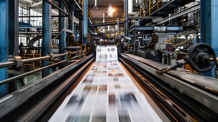 Obraz premium A high-speed printing machine producing sheets of paper in an industrial setting, highlighting the process of modern printing technology.
