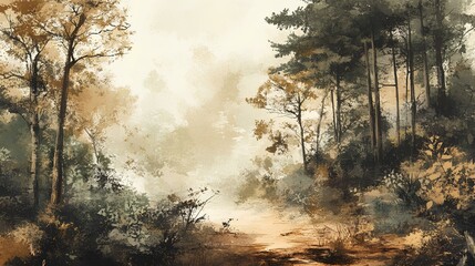 A serene forest landscape with soft, muted colors and hazy atmospheric depth, showcasing trees and foliage in a tranquil setting.