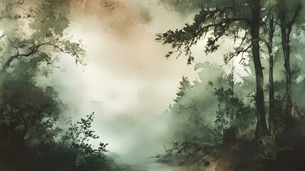 Obraz premium A misty forest scene with greenery, blending soft hues of green and brown, creating a tranquil and serene atmosphere.