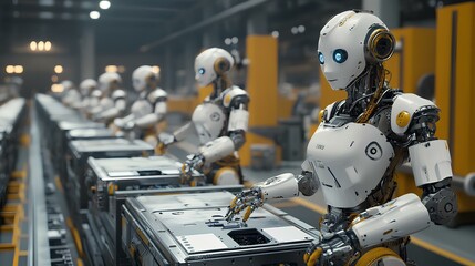 Robots are assembling items in a modern factory setting, showcasing advanced technology and automation in industrial processes.