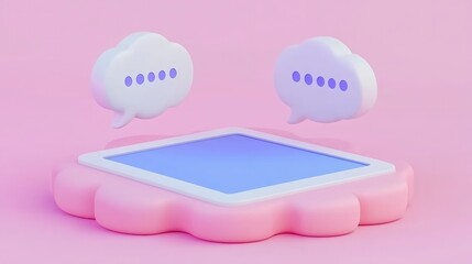 3D illustration of a pink cloud-shaped base with a blue screen, with two white cloud speech bubbles on the left and right.