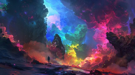 Obraz premium A vibrant cosmic landscape filled with colorful clouds, showcasing a figure amidst a stunning display of light and color.