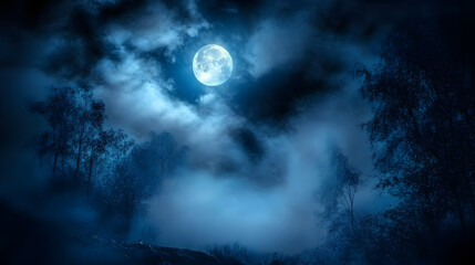 Full moon illuminating a dark, cloudy night sky with dense blue fog. Halloween background , nighttime ambiance, lunar light concept, gothic aesthetic, eerie atmosphere.