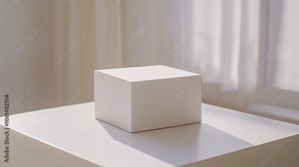 Aufkleber white cube on a white surface with a window and curtains in the background
