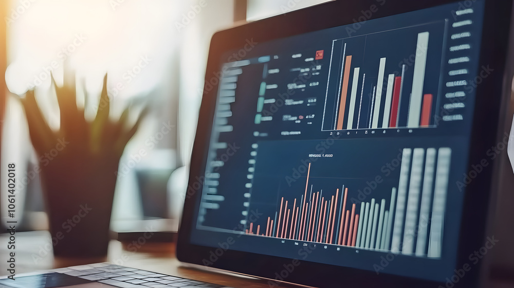 Poster digital financial graph displayed on a tablet alongside printed quarterly reports, showing a compara
