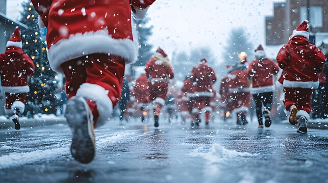 Festive Santa run with participants dressed in holiday costumes on snowy street