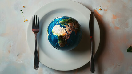 Globe on Dinner Plate with Cutlery Reflecting Global Food Security. World Food Day, International Day of Awareness of Food Loss and Waste