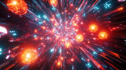 Naklejka premium Abstract cosmic background with glowing orbs and light streaks.