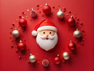 Festive Minimalist Christmas Banner with Cute Santa Claus and Red Decorations on a Vibrant Red Background for Holiday Celebrations