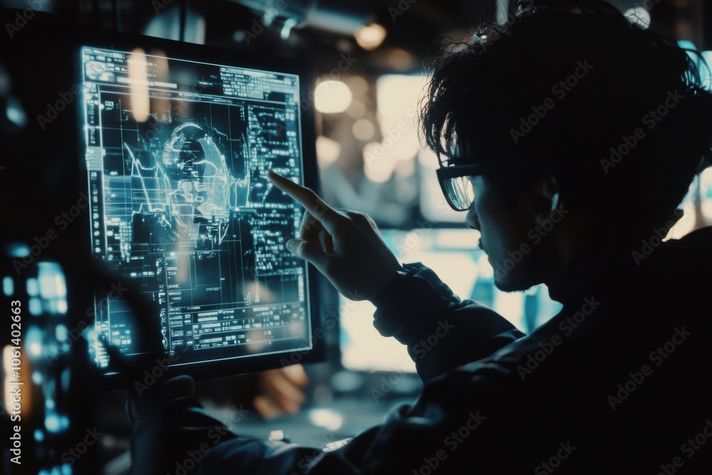 Poster data analyst interacting with advanced technology screen